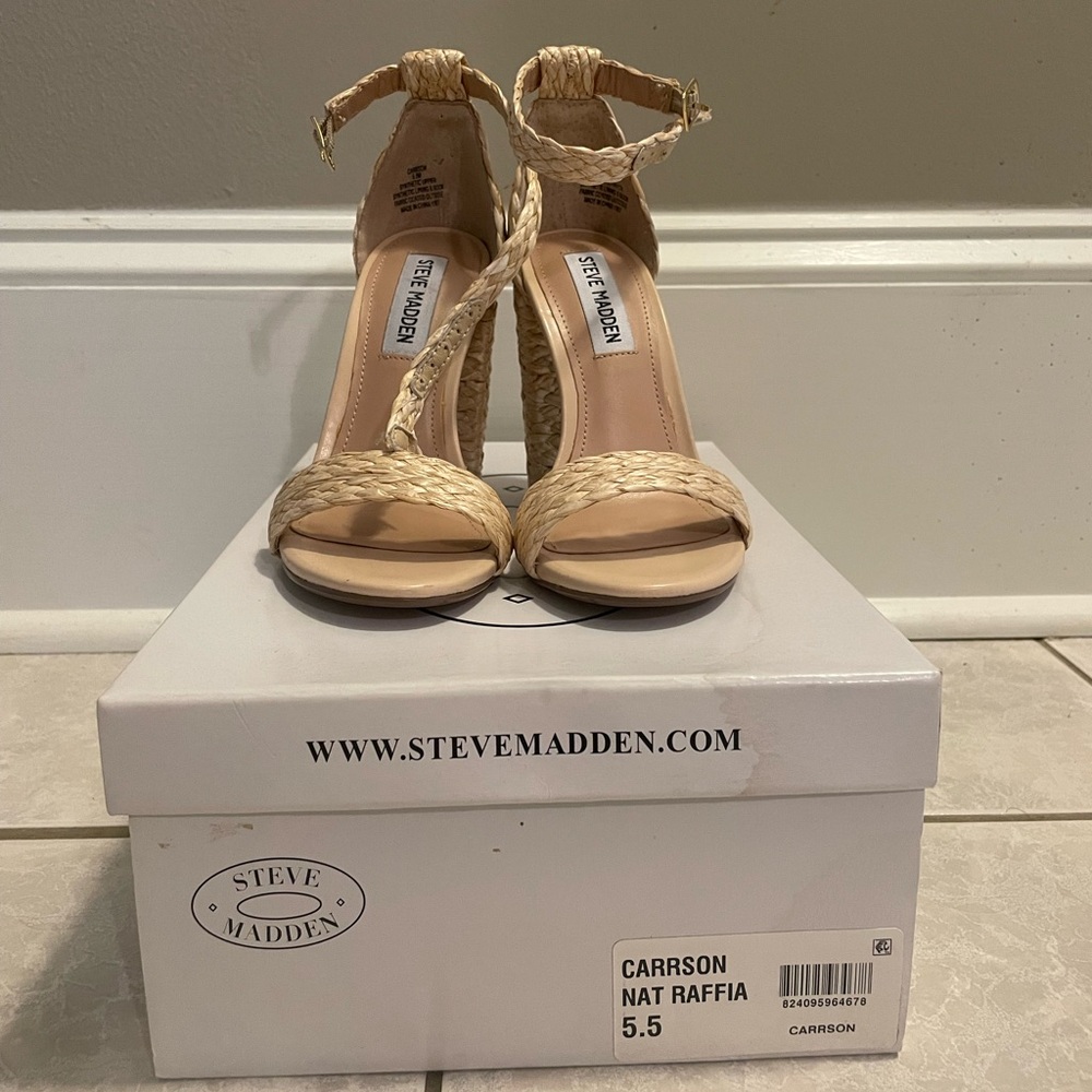 Steve Madden Carrson Natural Raffia Ankle Strap Heels